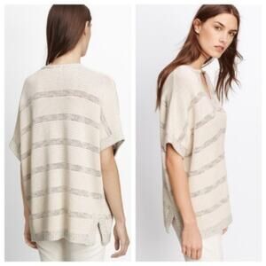 VINCE Popover White Knit Stripe Speckle Sweater Boxy Tunic Top